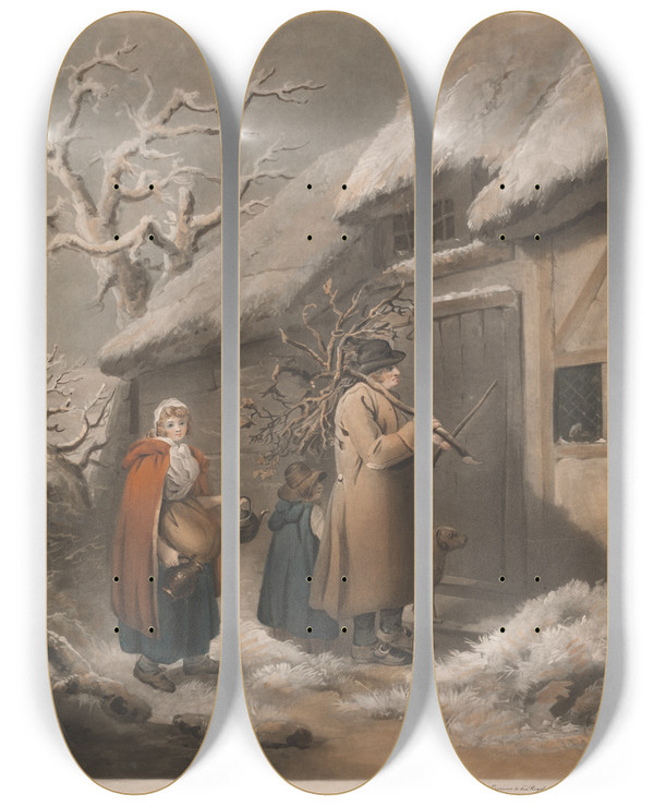 Triptych art skateboard deck of John Raphael Smith Cottage Family by John Raphael Smith (1752-1812)