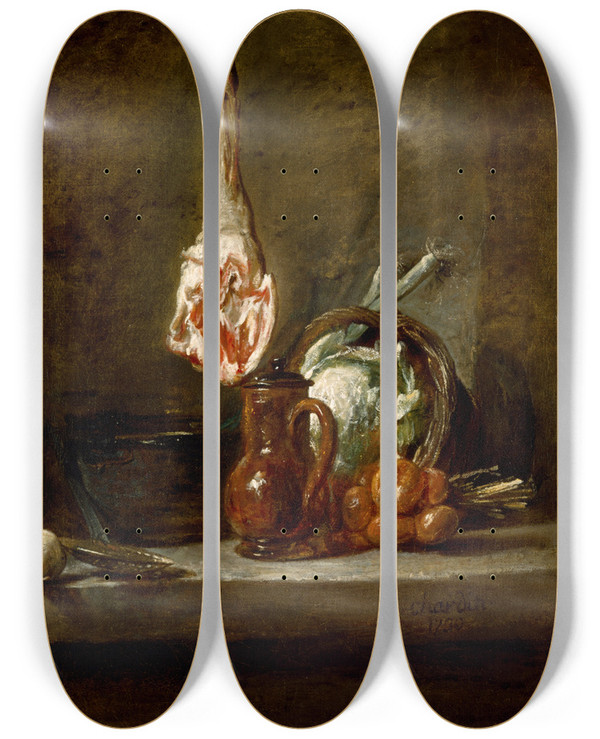Triptych art skateboard deck of Jean Simon Chardin Still Life With Leg Of Lamb by Jean Simeon Chardin (1699-1779)