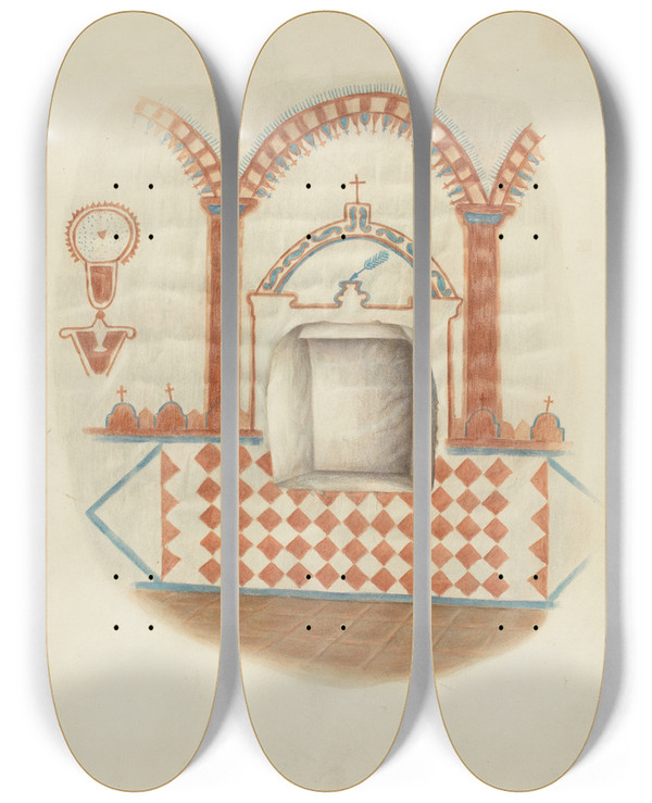 Triptych art skateboard deck of George E Rhone Wall Painting And Niche Restoration Drawing by George E Rhone