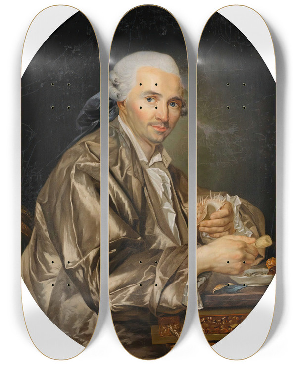 Triptych art skateboard deck of Joseph Siffred Duplessis Portrait Of A Gentleman Shell Collector by Joseph Siffred Duplessis (1725-1802)