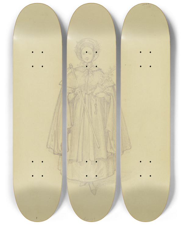 Triptych art skateboard deck of Ferdinand Fellner Eine Junge Frau Mit Einem Blumentopf Und Einer Hacke Allegorie Des Monats April by Ferdinand Fellner (1799-1859)