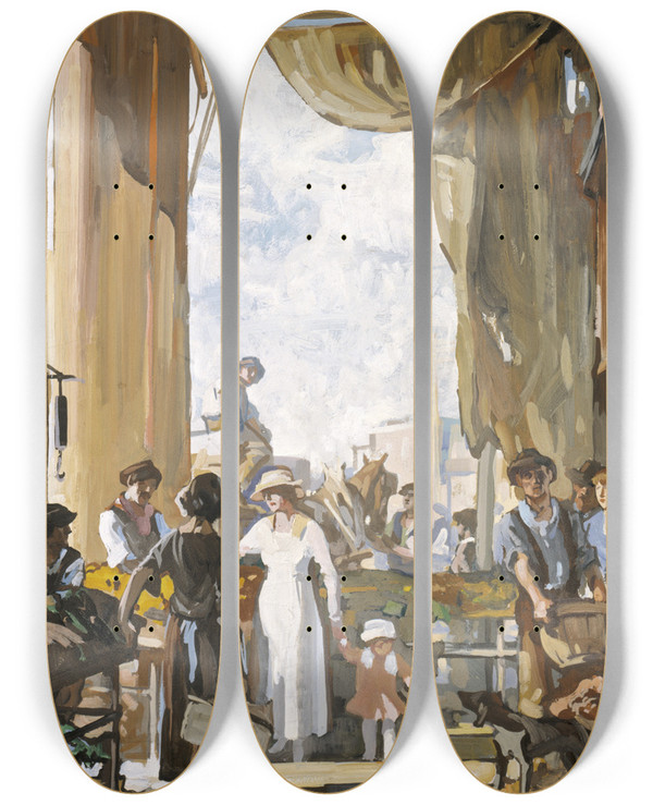 Triptych art skateboard deck of Frank Wilcox The Old Market Cleveland by Frank Wilcox (1887-1964)