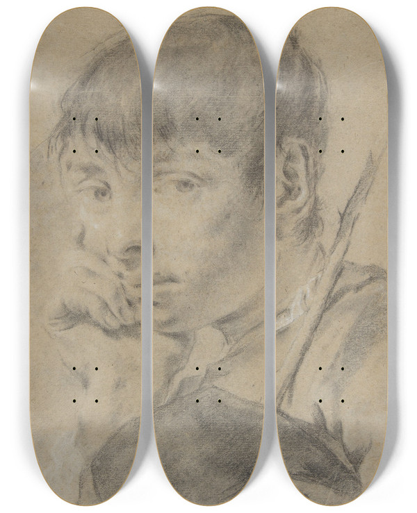 Triptych art skateboard deck of Giovanni Battista Piazzetta Boy With A Staff by Giovanni Battista Piazzetta (1682-1754)
