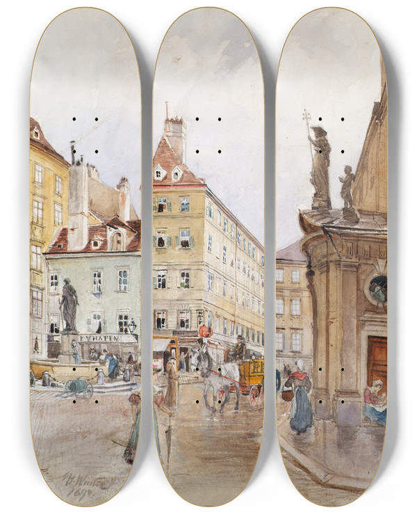 Triptych art skateboard deck of H Winter Der Franziskanerplatz In Wien by H Winter