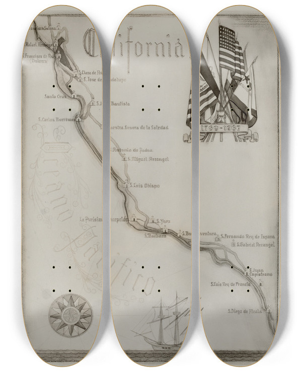Triptych art skateboard deck of Norman Kamps Map_2 by Norman Kamps