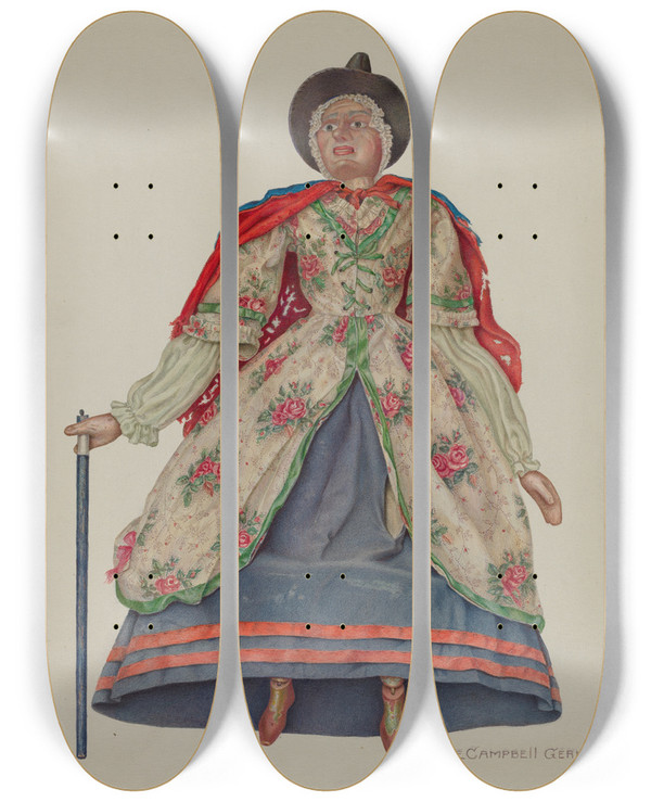 Triptych art skateboard deck of Rose Campbellgerke Mother Goose Marionette by Rose Campbell Gerke (1882)