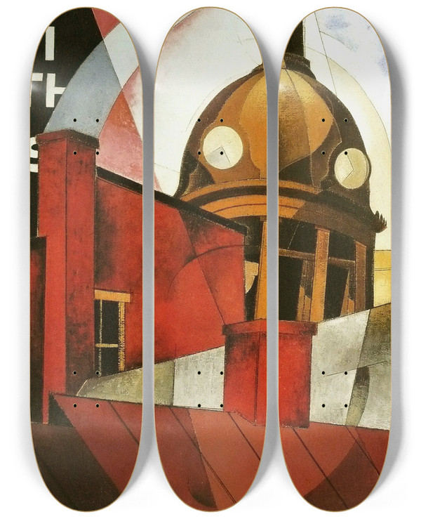 Triptych art skateboard deck of Charles Demuth Welcome To Our City by Charles Demuth (1883-1935)