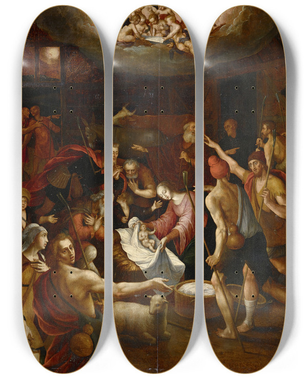 Triptych art skateboard deck of Aegidius Sadeler Ii Adoration Of The Shepherds by Aegidius Sadeler Ii (1570-1629)