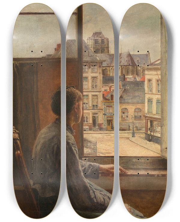 Triptych art skateboard deck of Henri De Braekeleer The Teniersplaats In Antwerp_1 by Henri de Braekeleer (1840-1888)