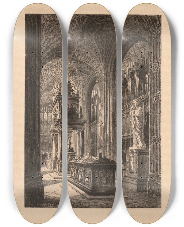 Triptych art skateboard deck of Henri Toussaint Westminster Henry Vii Chapel by Henri Toussaint