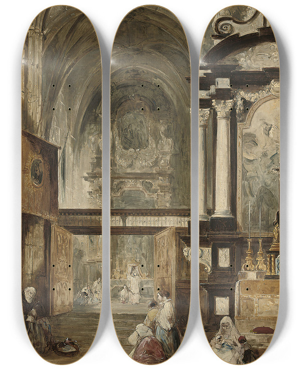 Triptych art skateboard deck of Edward Pritchett The Interior Of Santa Maria Gloriosa Del Frari Venice by Edward Pritchett (1828-1864)