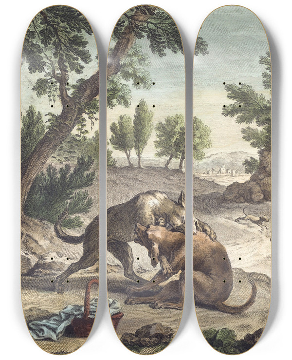 Triptych art skateboard deck of Martin Marvie Le Chien Qui Porte A Son Cou Le Diner De Son Maitre The Dog Carrying His Masters Supper by Martin Marvie (1713-1813)