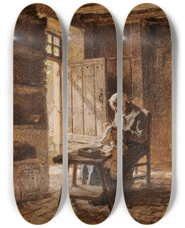 Triptych art skateboard deck of Lon Augustin Lhermitte Vieille Couturire by Lon Augustin Lhermitte (1844-1925)