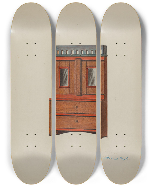 Triptych art skateboard deck of Richard Taylor Toy Cupboard by Richard Taylor