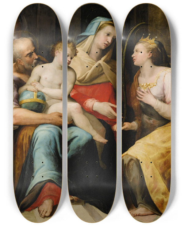Triptych art skateboard deck of Lorenzo Sabatini The Holy Family With Saint Catherine Of Alexandria by Lorenzo Sabatini (1520-1576)