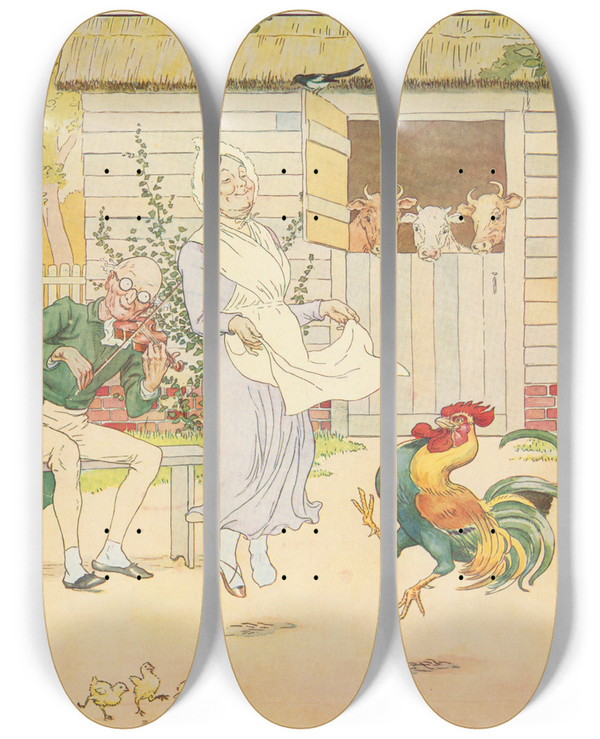 Triptych art skateboard deck of Leonard Leslie Brooke Cockadoodledoo by Leonard Leslie Brooke (1862-1940)
