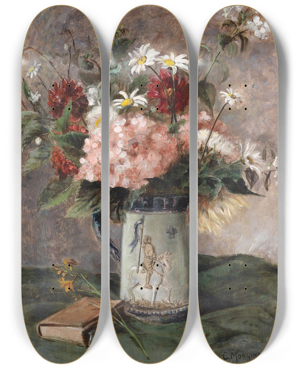 Triptych art skateboard deck of Charles Monginot Blumenstck Mit Buch by Charles Monginot (1825-1900)