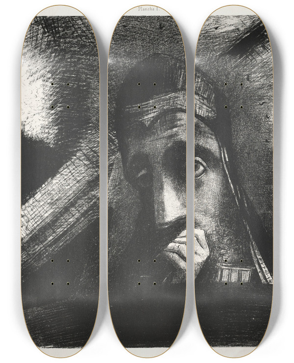 Triptych art skateboard deck of Odilon Redon In My Dream I Saw In The Sky A Face Of Mystery by Odilon Redon (1840-1916)