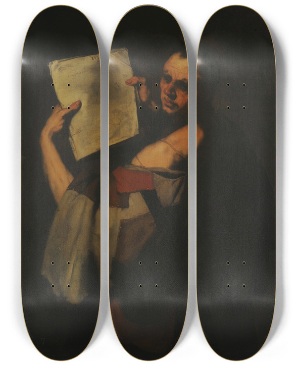 Triptych art skateboard deck of Jusepe De Ribera Un Astrnomo by Jusepe de Ribera (1591-1652)