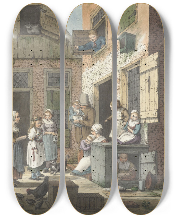 Triptych art skateboard deck of Christina Chalon Groep Mensen Voor De Deur Van Een Woning by Christina Chalon (1748-1808)