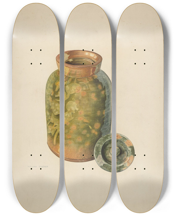 Triptych art skateboard deck of William Spiecker Galena Covered Jug by William Spiecker