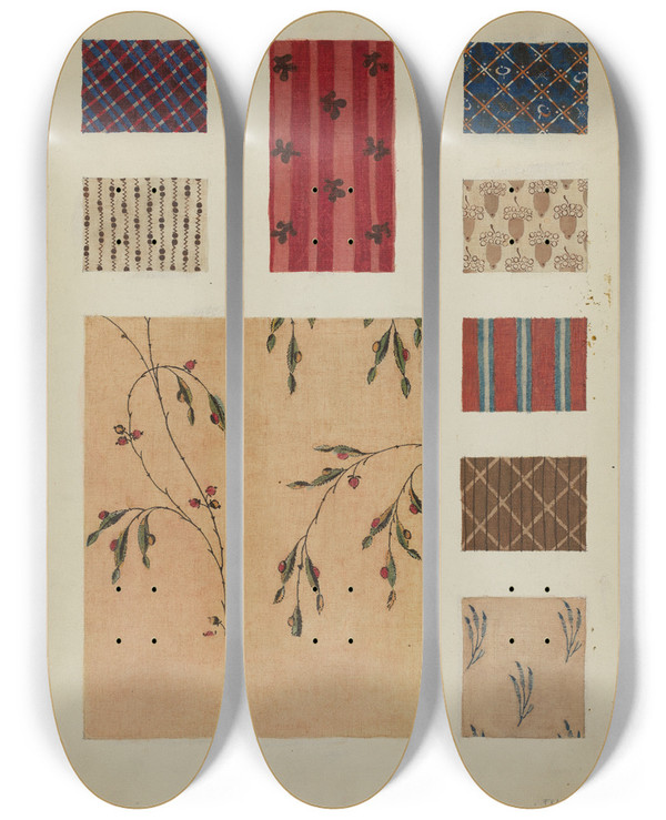 Triptych art skateboard deck of Frances Lichten Materials From Patchwork Bedspread_7 by Frances Lichten (1889-1961)