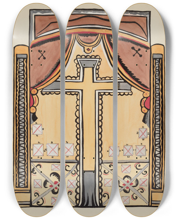 Triptych art skateboard deck of American 20Th Century Plate 13 Design With Cross From Portfolio Spanish Colonial Designs Of New Mexico_1 by American 20Th Century