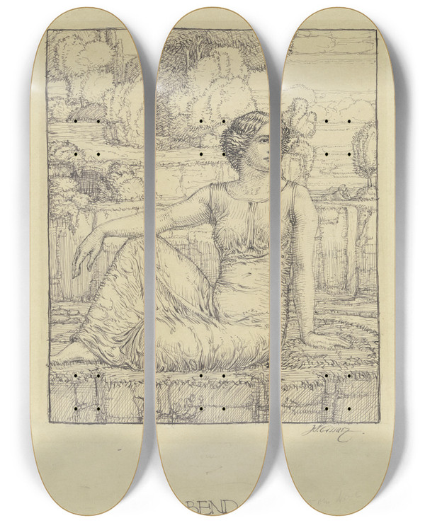 Triptych art skateboard deck of Johann Vincenz Cissarz Allegorie Des Abends Vesper by Johann Vincenz Cissarz (1873-1942)