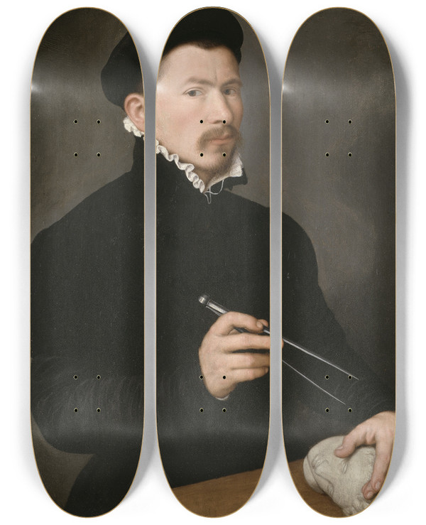 Triptych art skateboard deck of Nicolas Neufchtel Portrait Of A Sculptor by Nicolas Neufchatel (1527-1590)