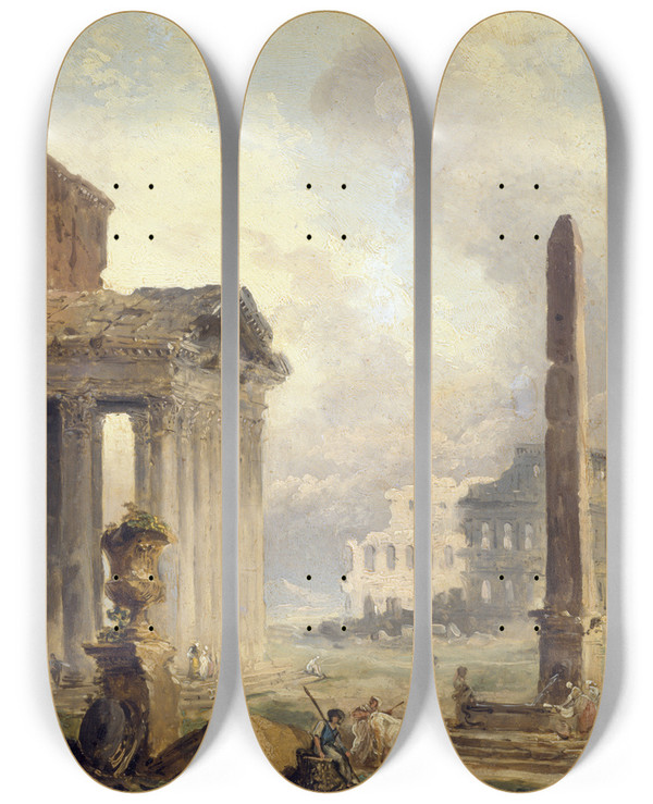 Triptych art skateboard deck of Hubert Robert Ruines Romaines Le Forum Avec Le Colise Et Loblisque by Hubert Robert (1733-1808)
