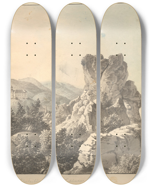Triptych art skateboard deck of Christoffer Wilhelm Eckersberg Udsigt Ved Harzen Fra Teufelsmauer Mod Schloss Blankenburg by Christoffer Wilhelm Eckersberg (1783-1853)