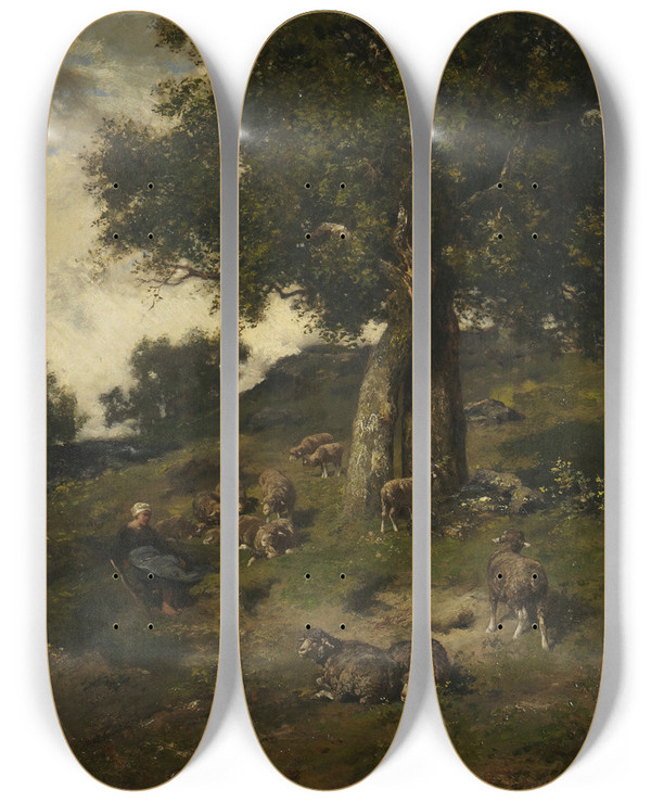Triptych art skateboard deck of Charles Emile Jacque Shepherdess And Sheep by Charles Emile Jacque (1813-1894)