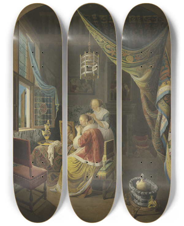 Triptych art skateboard deck of Jan Frederik Schierecke Young Lady At Her Toilette by Jan Frederik Schierecke