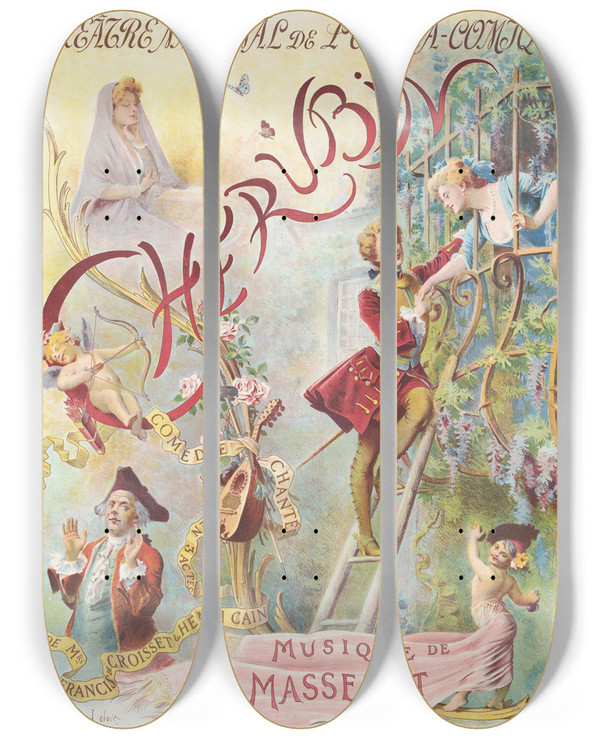 Triptych art skateboard deck of Maurice Leloir Chrubin by Maurice Leloir (1853-1940)