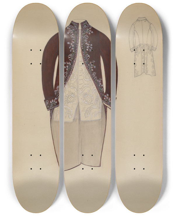 Triptych art skateboard deck of Margaret Concha Coat And Waistcoat by Margaret Concha