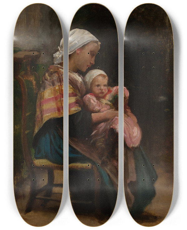 Triptych art skateboard deck of William Bouguereau Study Of A Mother And Child by William Bouguereau (1825-1905)