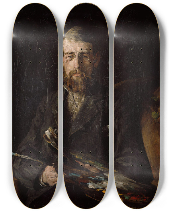 Triptych art skateboard deck of Erik Werenskiold Portrait Of The Painter Nils Hansteen by Erik Werenskiold (1855-1938)