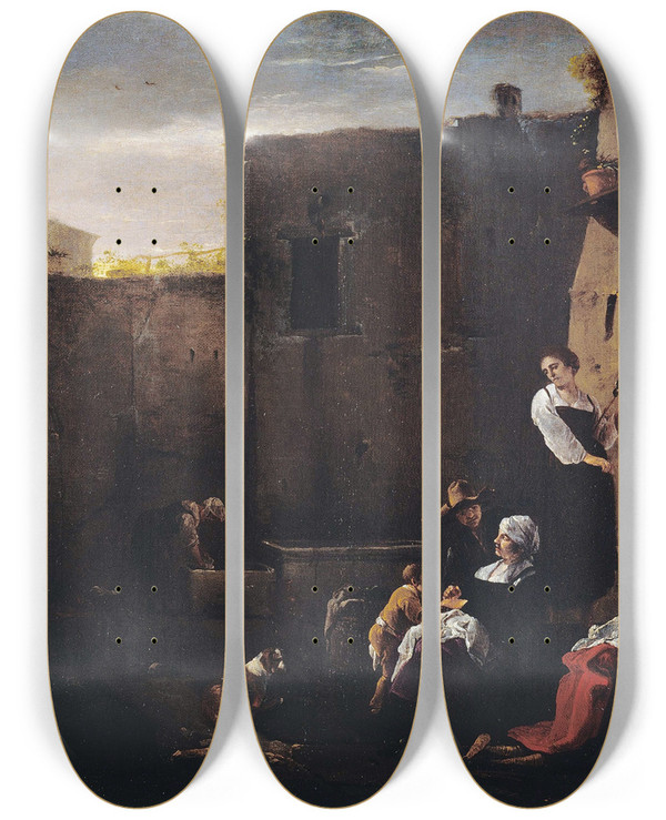 Triptych art skateboard deck of Thomas Wijck Italian Courtyard by Thomas Wijck (1616-1677)