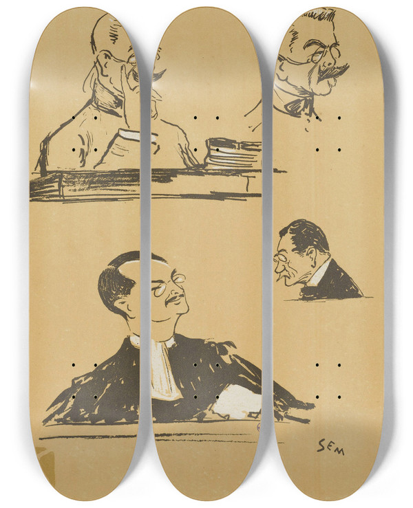 Triptych art skateboard deck of Georges Goursat Sem Colonel Voyer Matre Hraud Et Porchre by Georges Goursat (Sem) (1863-1934)