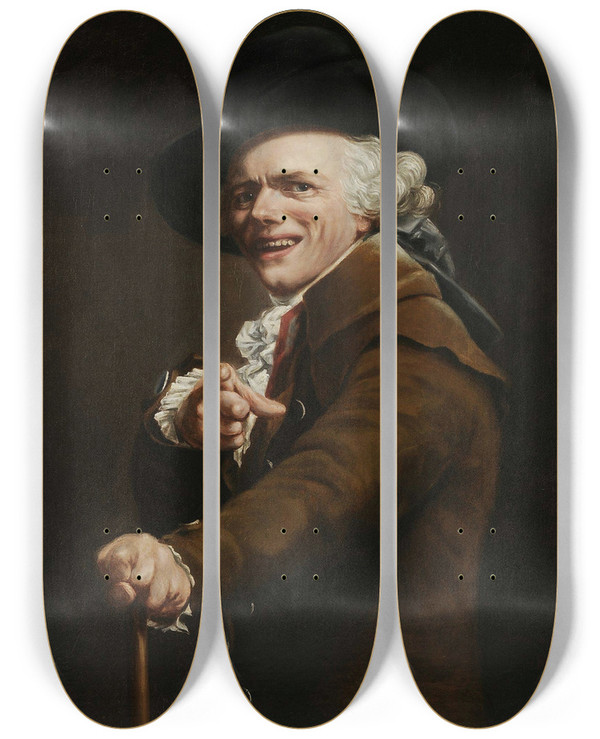 Triptych art skateboard deck of Joseph Ducreux Selfportrait Of The Artist In The Guise Of A Mocker by Joseph Ducreux (1735-1802)