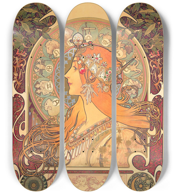 Alphonse Mucha Zodiac Art Nouveau Skateboard Deck Triptych - 3-piece limited edition wall art printed on Canadian Maple