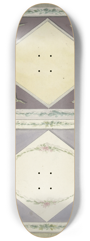 Abraham Meertens - Ontwerp voor kamerversiering met twee panelen, een met een ruit in geel en een met een krans van rozen in een ruit 8.25 inch art skate deck