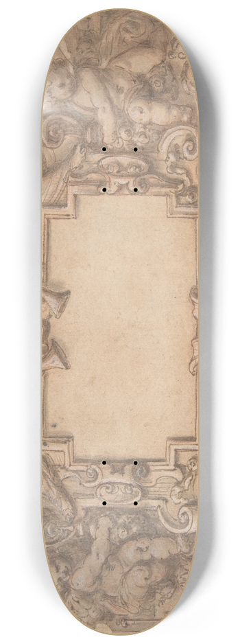 Andrea Lilio - A Cartouche and Two Shields Surrounded by Allegorical Figures. 8.25 inch art skate deck