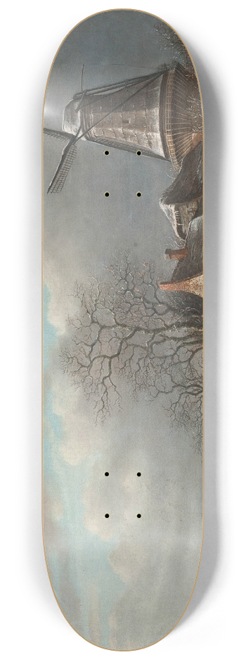 Andreas Schelfhout - Skaters on a Dutch waterway by a windmill 8.25 inch art skate deck
