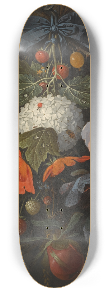 Abraham Mignon - A Festoon Of Flowers And Fruit, Including A Pink Rose, A Poppy, A Snowball, Gooseberries And Fraises De Bois, Along With A Variety Of Insects 8.25 inch art skate deck