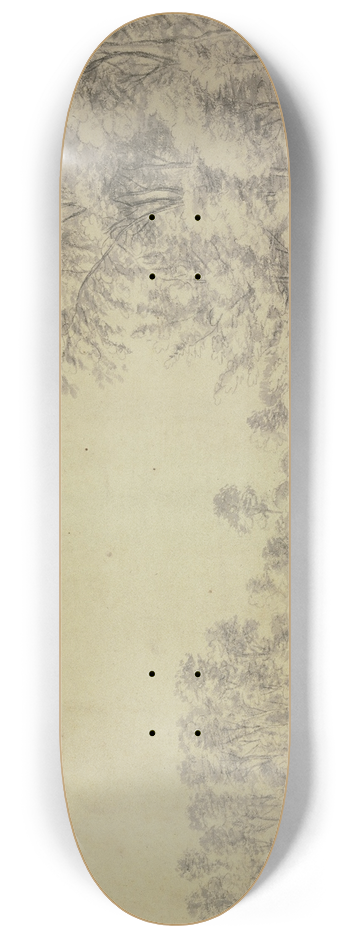 Antonie Waterloo - Ein Teich mit Bumen eingefasst, rechts bei einer Brcke auf einer Ruhebank sitzt ein Mann mit einem Hund 8.25 inch art skate deck