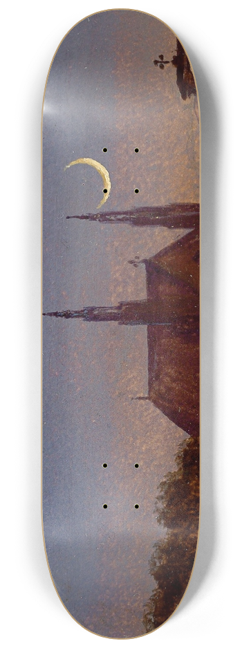 Carl Gustav Carus - Gotische Kirche ber Baumwipfeln bei Mondenschein (Kleine Mondscheinlandschaft mit Kirchlein) 8.25 inch art skate deck