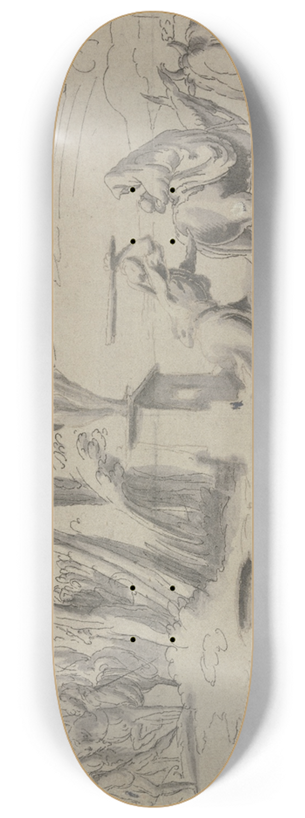 Franz Buch - Landschaft mit der Flucht nach gypten, rechts die Heilige Familie, in der Mitte eine antike Statue, links die Gruppe der Verfolger 8.25 inch art skate deck