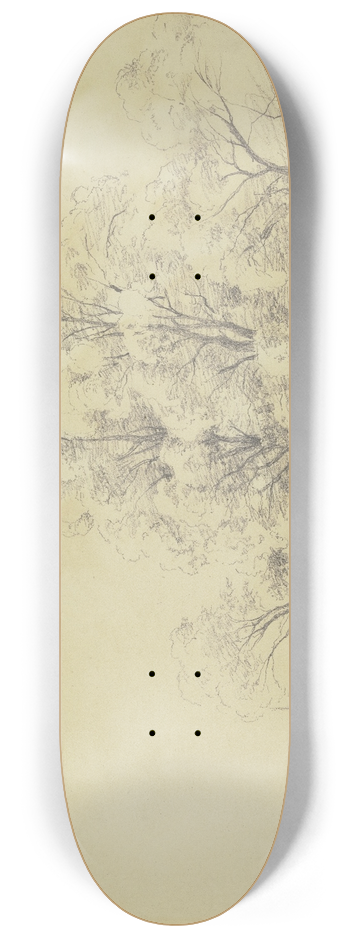 Carl Spitzweg - Landschaft mit Bumen am Wasser, in der Ferne der Turm einer Dorfkirche 8.25 inch art skate deck