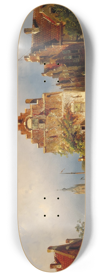 Charles Leickert - A Village Scene with a Bridge 8.25 inch art skate deck